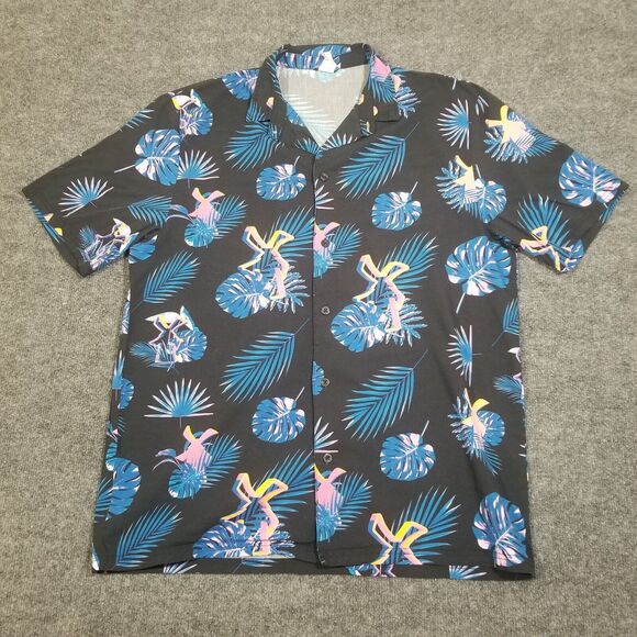 Dutch Bros Men Button Up Shirt X-Large Blue Leaf Print Hawaiian Short Sleeve - Picture 1 of 8